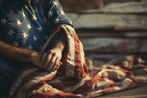 Vagabundo hombre duerme en el pavimento en el EE.UU, ocultación detrás el americano bandera. ai generado foto