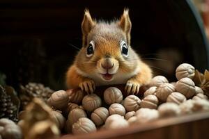 Cute squirrel character at home acorns. AI Generated photo