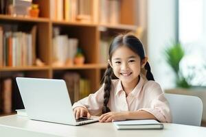 Cute little girl using laptop at home, Education, online study, home studying, distance learning, homework, schoolgirl children lifestyle concept. AI Generated photo