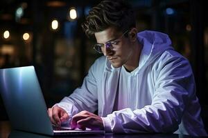 Man in glasses is sitting by the laptop in dark room with neon lighting. AI Generated photo