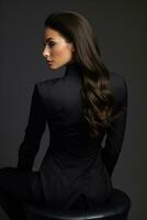 Beautiful brunette sitting in a black suit. looking down. AI Generated photo