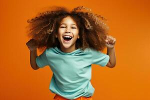 Portrait of jumping African-American teenage girl on color background. AI Generated photo