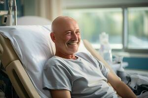 Bald mature man smiling in cancer hospital bed . AI Generated photo