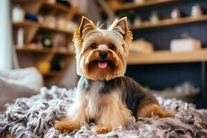 Yorkshire terrier with wool lying around him. AI Generated photo