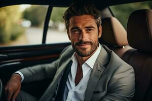 Attractive elegant happy man in good car. AI Generated photo