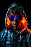 Neon portrait of young man in round sunglasses and hoodie. Studio shot. AI Generated photo