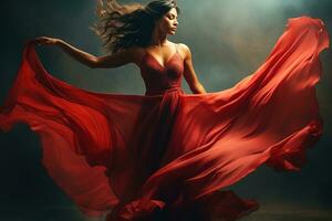 Woman in red waving dress with flying fabric. AI Generated photo