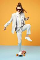 Young handsome funny woman with glasses, wearing light grey suit and sneakers, jumping with the skateboard on color studio background. AI Generated photo