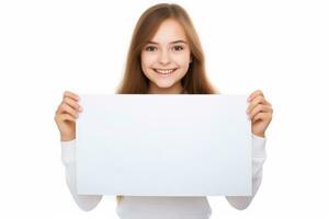 Happy Scholl girl holding blank white banner sign, isolated studio portrait. AI Generated photo