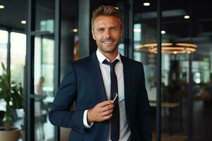 A handsome businessman with phone in the office. AI Generated photo
