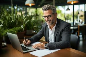 Satisfied young man with glasses sitting at a desk and doing paperwork at his workplace. AI Generated photo