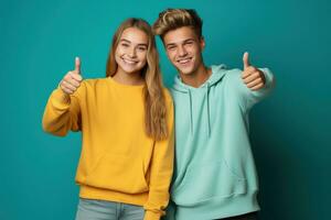 Portrait of teenagers showing thumb-up on blue background. AI Generated photo