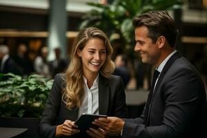 Business people, man and woman having coffee talking and looking at tablet. AI Generated photo