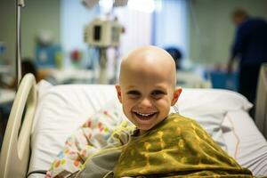 Bald boy smiling in cancer hospital bed. AI Generated photo