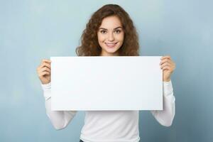 Happy young woman holding blank white banner sign, isolated studio portrait . AI Generated photo