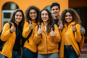 Education concept . Happy team of students showing thumbs up over on yellow background. AI Generated photo