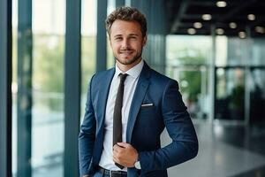 A handsome businessman with phone in the office. AI Generated photo