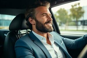 Attractive elegant happy man in good car. AI Generated photo