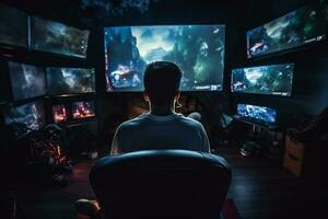 Concept of gaming addiction, featuring back view of a boy sitting in a dark room, lit by the glow of a screen. Capturing immersive nature of excessive gaming and its potential risks. AI Generated photo