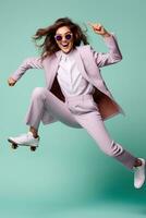 Young handsome funny woman with glasses, wearing light grey suit and sneakers, jumping with the skateboard on color studio background. AI Generated photo
