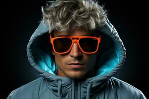 Neon portrait of young man in round sunglasses and hoodie. Studio shot. AI Generated photo