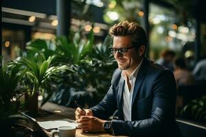 un hermoso empresario en un traje y lentes en el oficina. ai generado foto