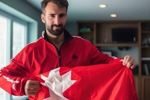 hombre extensión chaqueta a revelar camisa con Canadá bandera impreso. ai generado foto