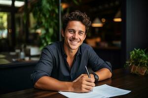 Satisfied young man with glasses sitting at a desk and doing paperwork at his workplace. AI Generated photo