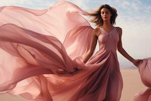 Woman in pink waving dress with flying fabric. AI Generated photo