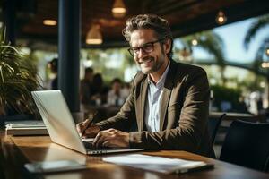 Satisfied young man with glasses sitting at a desk and doing paperwork at his workplace. AI Generated photo