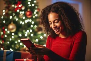 Young woman ordering gift during Christmas holiday at home using smartphone and credit card. Shopping online during holidays, internet banking, store online. AI Generated photo