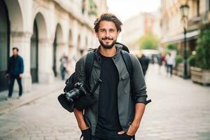 joven hombre fotógrafo toma fotografias con dslr cámara en un ciudad. viajar, vacaciones, profesional Lanza libre trabajo y activo estilo de vida concepto. ai generado foto