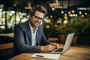 Satisfied young man with glasses sitting at a desk and doing paperwork at his workplace. AI Generated photo