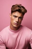 Portrait of fashion caucasian male model on pink background. AI Generated photo
