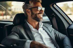 Attractive elegant happy man in good car. AI Generated photo