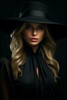 Dramatic dark studio portrait of elegant and sexy young woman in black wide hat and black dress. AI Generated photo