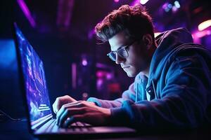 Man in glasses is sitting by the laptop in dark room with neon lighting. AI Generated photo