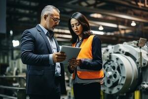 In Technology Research Facility Female Project Manager Talks With Chief Engineer, they Consult Tablet Computer. AI Generated photo