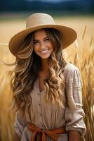 beautiful tanned girl who is standing on a wheat field, covering herself by straw hat and smiles, she looks very happy. AI Generated photo