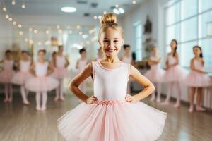 niña vistiendo rosado tutu falda y teniendo divertido ballet clase con muchachas en el antecedentes ballet clase. ai generado foto