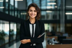 A handsome businesswoman in a suit in office. AI Generated photo