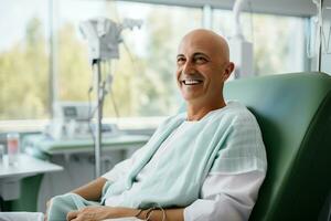 Bald mature man smiling in cancer hospital bed . AI Generated photo