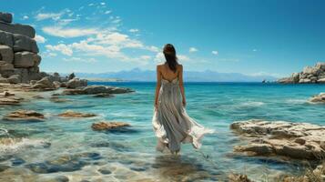 Greek goddess standing majestically against the backdrop of a blue sea and a blue sky. AI Generated photo