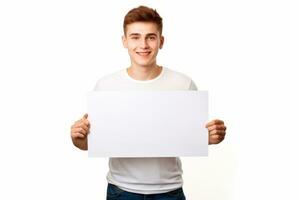 contento joven hombre participación blanco blanco bandera firmar, aislado estudio retrato. ai generado foto