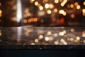 Modern empty dark marble table top or kitchen island on blurry bokeh kitchen room interior background. for montage product display. AI Generated photo