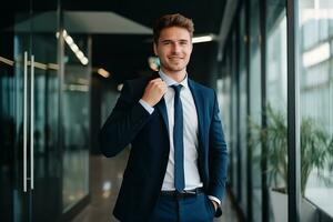 A handsome businessman with phone in the office. AI Generated photo