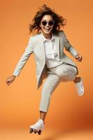 Young handsome funny woman with glasses, wearing light grey suit and sneakers, jumping with the skateboard on color studio background. AI Generated photo