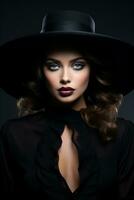 dramático oscuro estudio retrato de elegante y sexy joven mujer en negro amplio sombrero y negro vestido. ai generado foto