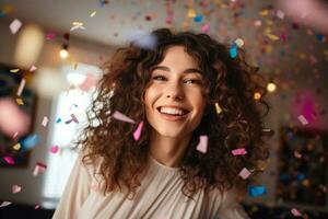 contento mujer a celebracion fiesta con papel picado que cae En todas partes en su, cumpleaños o nuevo año víspera celebrando concepto . ai generado foto