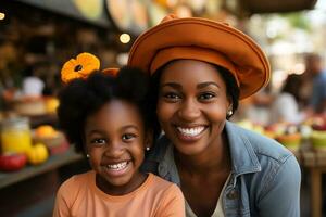 madre y hija sonriente a el cámara. ai generado foto